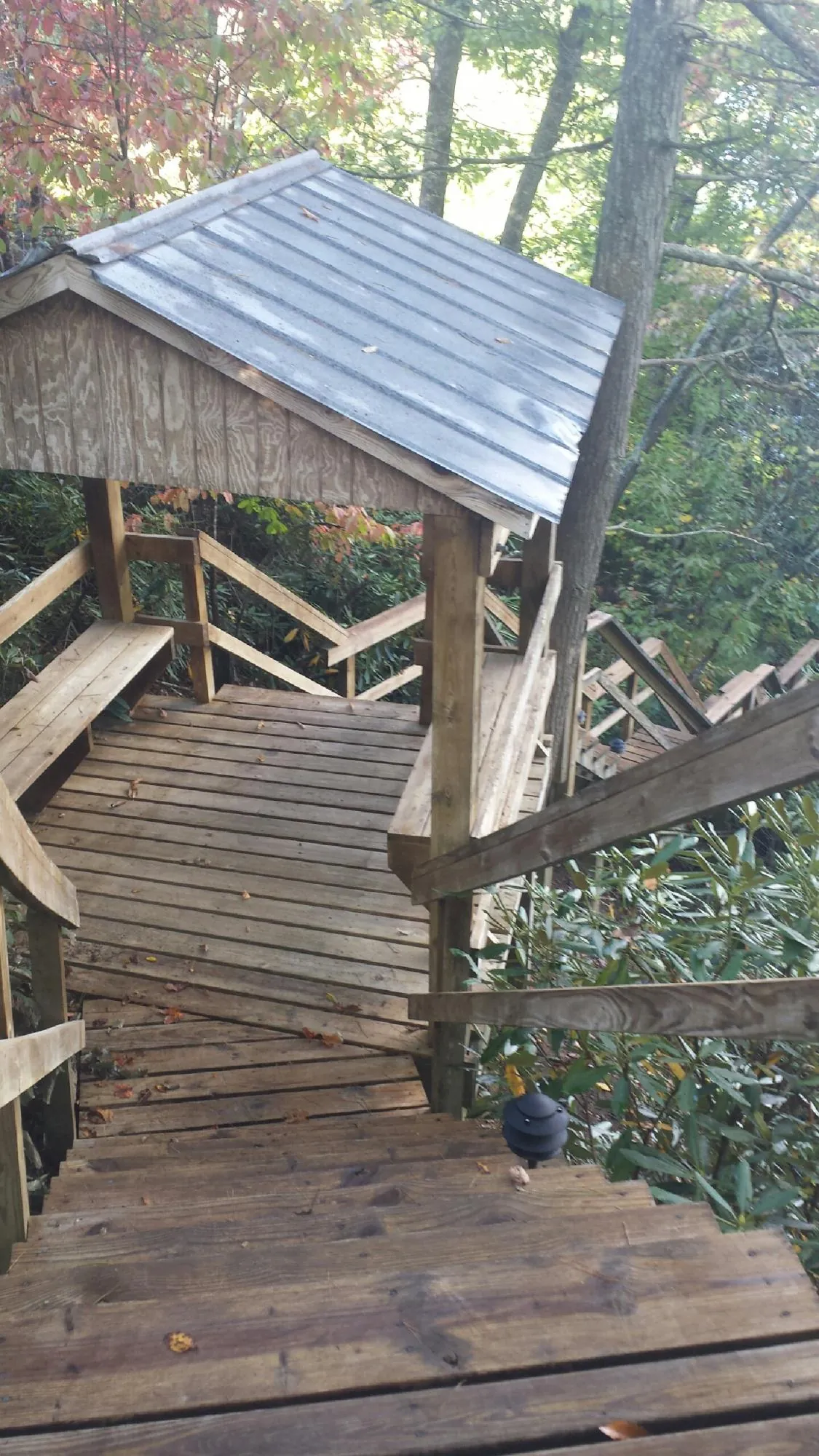 Metal roofed shelter over wooden steps on a wooded walkway — Skylight Repair & Installation work by our crew in Madisonville